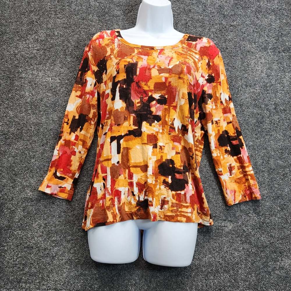 St. John Women Abstract Print Rayon Spandex Knit Scoop Neck Designer Work Top L